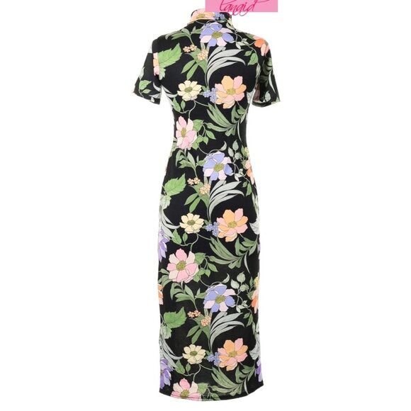ASOS Keyhole Midi Sketchy Floral Print Asian Chinese Oriental Japanese Cut-Out 4 - Picture 6 of 10